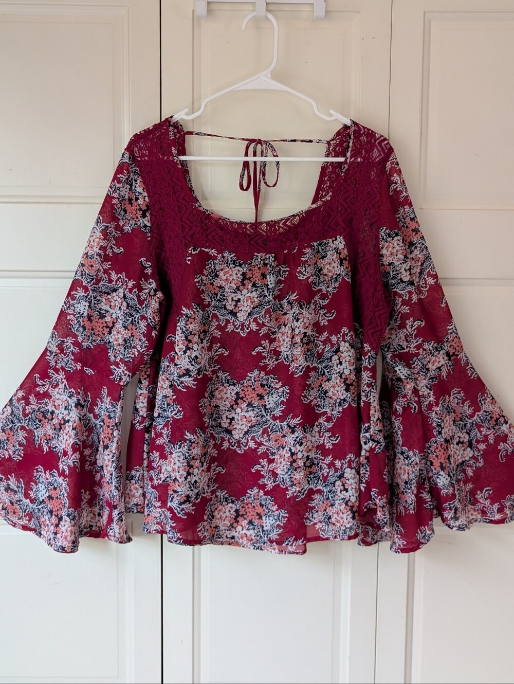 Almost Famous red burgundy lace floral plus size blouse with bell sleeves
